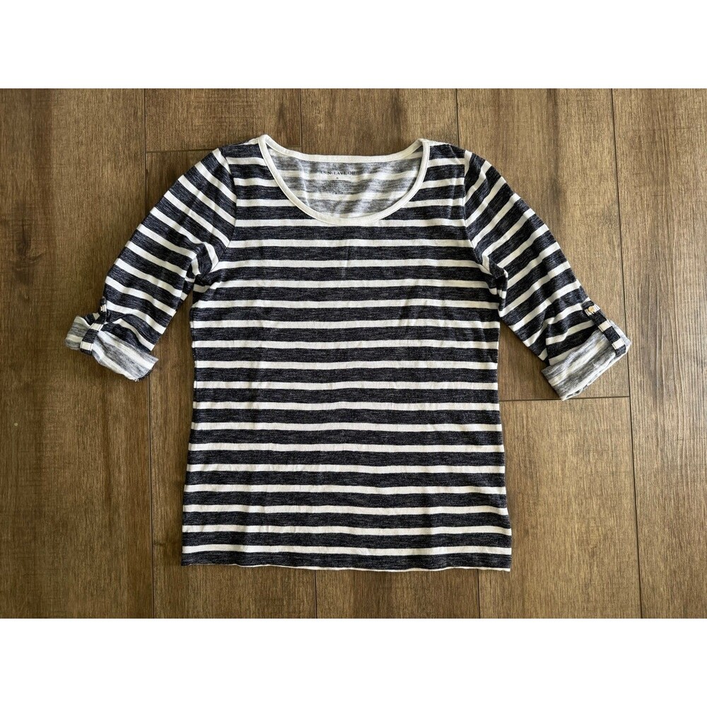 Ann Taylor Size Small Black White 100% Cotton Striped Knit Top Scoop Neck
